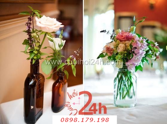Dịch vụ cưới hỏi 24h trọn vẹn ngày vui chuyên trang trí nhà đám cưới hỏi và nhà hàng tiệc cưới | Hoa để bàn trong lo thủy tinh